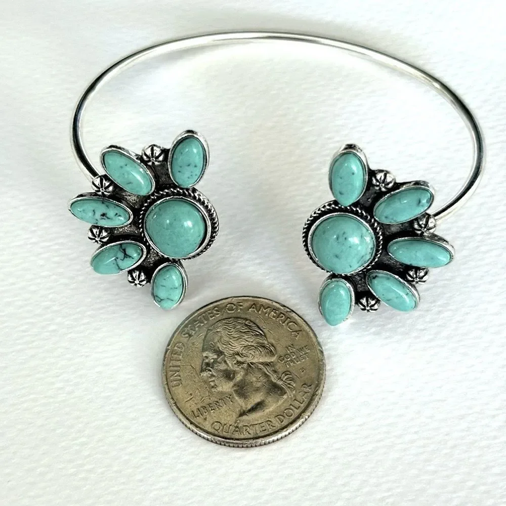 Men’s Cuff Bracelet – Turquoise Cluster – Silver Tone Western Style